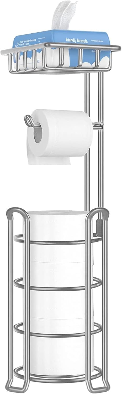 TomCare Toilet Paper Holder Free Standing with Shelf, Stable 4 Raised Feet | Stores 4 Mega Rolls, Tool-Free Assembly, Powder-Coated Metal Frame, Bathroom Storage Organizer for Spare Rolls, Silver