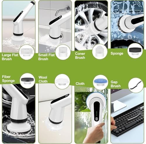 WKY-Electric Spin Scrubber - 10-in-1 Cordless Shower Scrubber & Cleaning Brush with Extendable Handle, 42 in-lbs Ultra High Torque, 2 Speeds, IPX7, LED Display, Smart AI Chip, for Bathroom, Kitchen