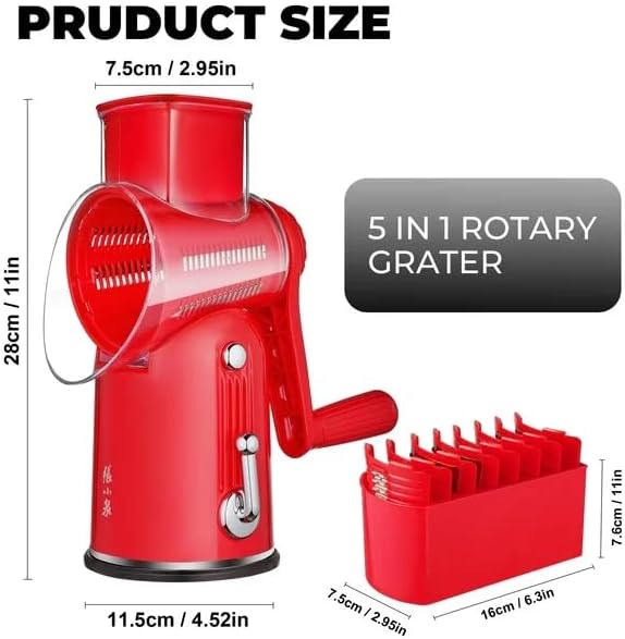 Rotary Cheese Grater Manual Hand Crank with 5 Blades & Suction Base, Kitchen Vegetable Shredder Slicer for Veggie, Nuts, Fruit, Cream