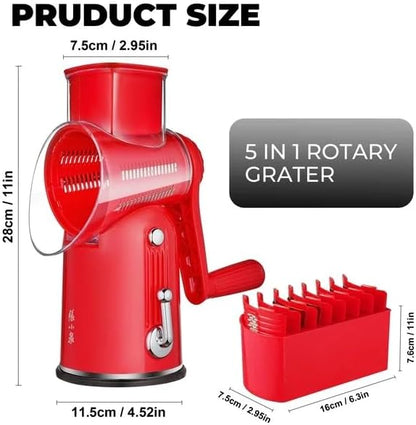 Rotary Cheese Grater Manual Hand Crank with 5 Blades & Suction Base, Kitchen Vegetable Shredder Slicer for Veggie, Nuts, Fruit, Cream