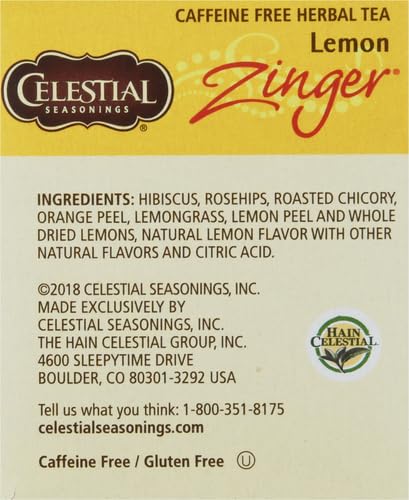 Celestial Seasonings Raspberry Zinger Herbal Tea, Caffeine Free, 20 Tea Bags Box