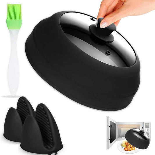 Microwave Splatter Cover Glass for Food - Large 10.8" Tempered Glass & Silicone Lid, Heat Resistant, Splatter Guard with Easy-Grip Handle