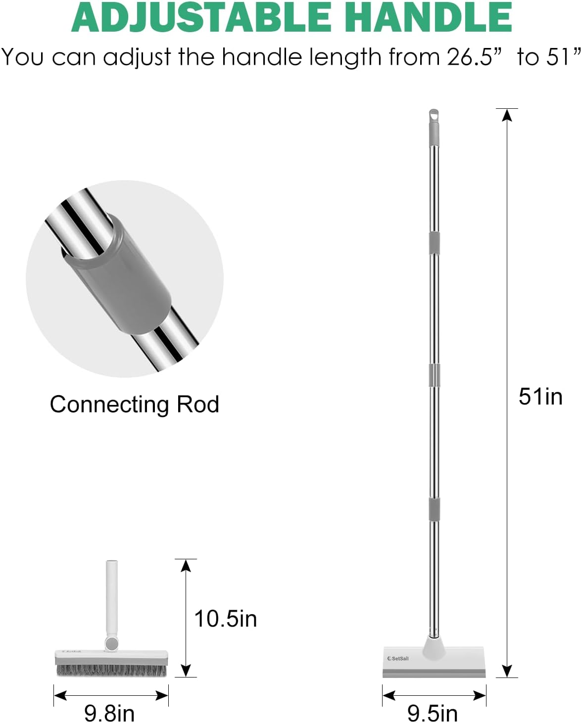 SetSail Floor Scrub Brush with 51-Inch Long Adjustable Handle 2 in 1 Scrape Brush Stiff Bristle Floor Scrubber for Cleaning Shower Bathroom Garage Kitchen Wall Deck Tub Tile | 2 in 1 Scrape Brush Stiff Bristle Floor Scrubber for Cleaning Shower Bathroom