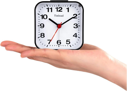Tinload Small Battery Operated Analog Travel Alarm Clock Silent Non Ticking, Gentle Wake, Ascending Beep Sounds, Snooze,Lighted on Demand, Easy Set(Black)