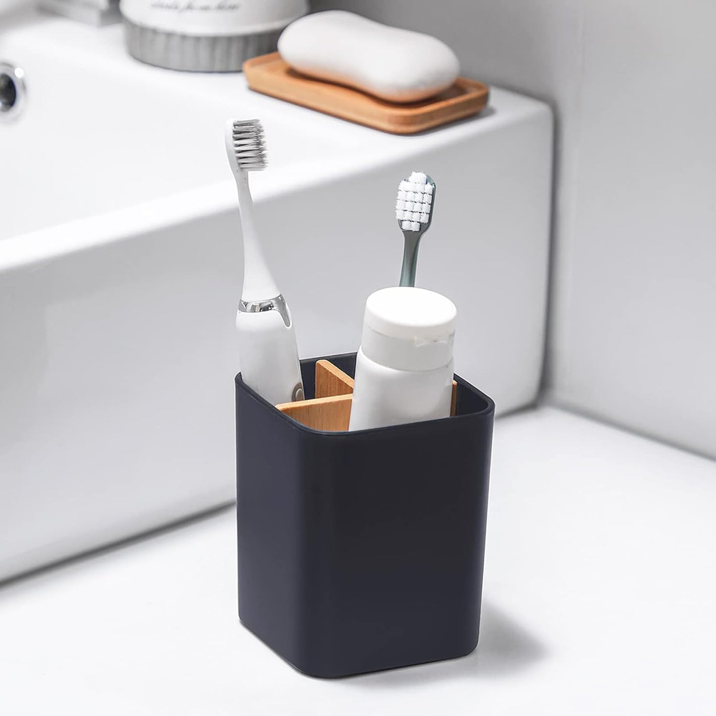 Bamboo Toothbrush Holder for Bathrooms Toothpaste Organizer - Black | Detachable Inserts, 3 Slots, Bathroom Counter Organizer, for Kids Electric Toothbrushes, Floss, Razors