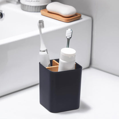 Bamboo Toothbrush Holder for Bathrooms Toothpaste Organizer - Black | Detachable Inserts, 3 Slots, Bathroom Counter Organizer, for Kids Electric Toothbrushes, Floss, Razors