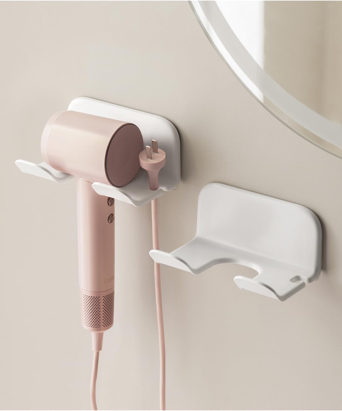 Universal Hair Dryer Holder Wall Mount, Blow Dryer Hanger with Plug Cord Organizer, No Drilling Self Adhesive for Bathroom Cabinet Door Vanity (1PCS, White)