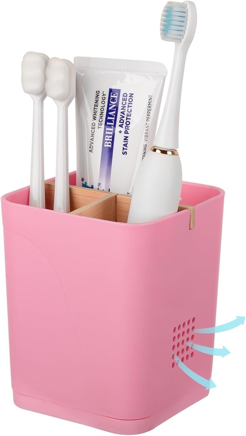 Electric Toothbrush Holder Tooth Brush and Toothpaste Organizer, Black | 3 Slots, Drainage Holes, Removable Bamboo Divider, Ventilation Design, Space-Saving, for Bathroom Countertop, Shower, Vanity