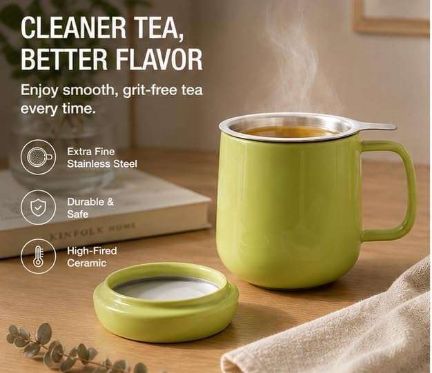 Tealyra - Sumo Porcelain Loose Tea Steeping Mug - 15oz/450 ml Ceramic Tea Cup with Infuser and Lid/Coaster - Extra Fine Stainless Steel Infusion Strainer - For Home or Office - Yellow