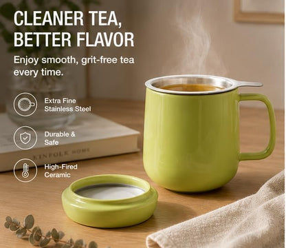Tealyra - Sumo Porcelain Loose Tea Steeping Mug - 15oz/450 ml Ceramic Tea Cup with Infuser and Lid/Coaster - Extra Fine Stainless Steel Infusion Strainer - For Home or Office - Yellow