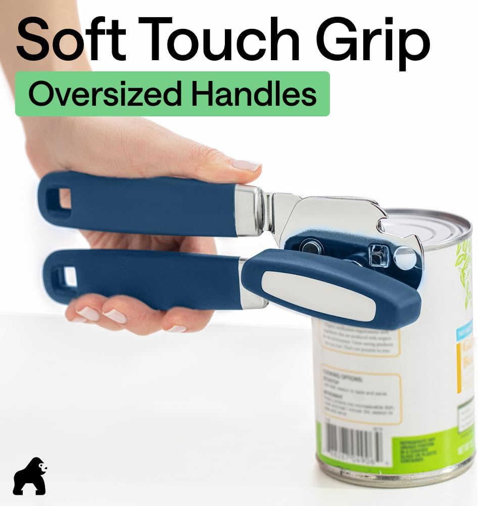 GORILLA GRIP Original Model Stainless Steel Smooth Edge Manual Can Opener and Bottle Openers, US Designed, Comfortable Handle, Oversized Handheld Turn Knob, Multifunctional Kitchen Tool, Gray