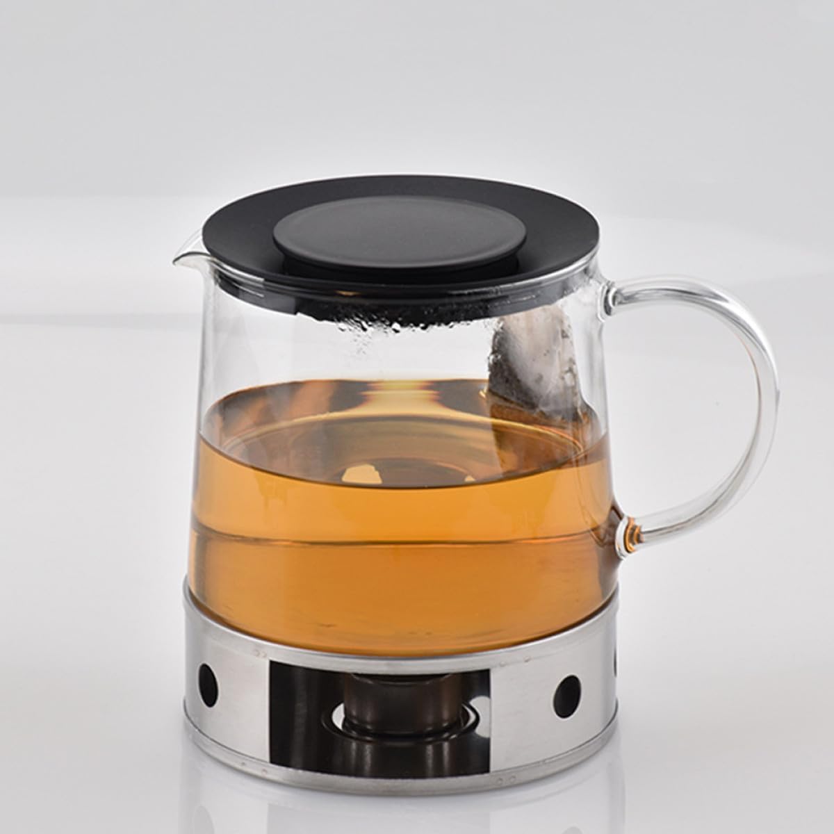 Stainless Steel Tea Pot Heater with Glass Warmer Base, Hollow Teapot Warmer for Office and Home, Portable Teapot Heating Stand with Candle Holder for Tea Accessories