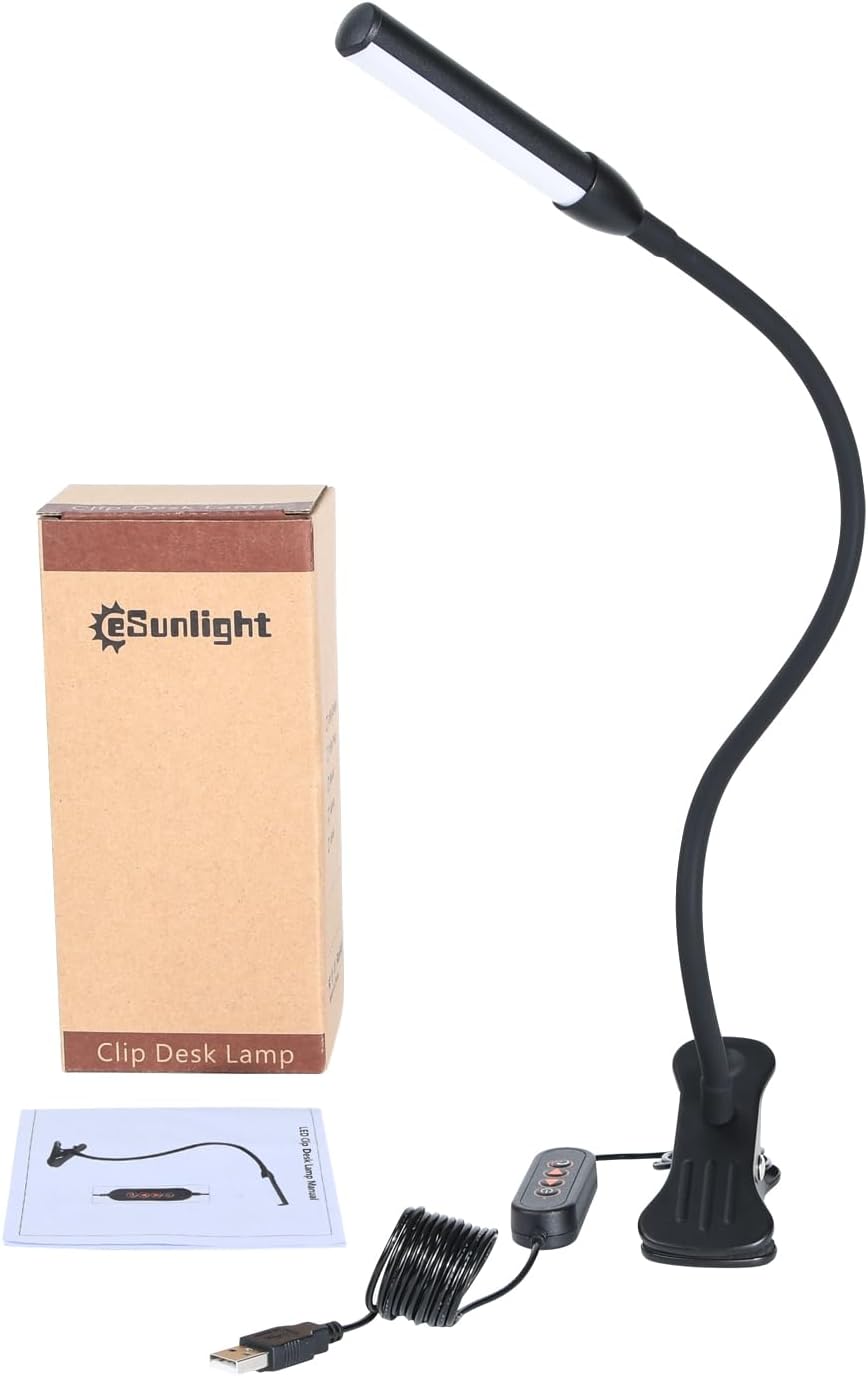 Clip on Reading Lamp, Clip Light, Warm & Daylight & White Light 3 Colors, Eye-Care Clamp Lamp with 10 Dimmable Illumination Modes