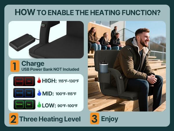 HOPERAN Heated Stadium Seats with Back Support, Dual Control, 1-Pack | Independent Seat & Back 3 Level Heat (NO Battery), Soft Cushion, 6 Recliner, Anti-Slip, Side Pockets, Backpack Straps