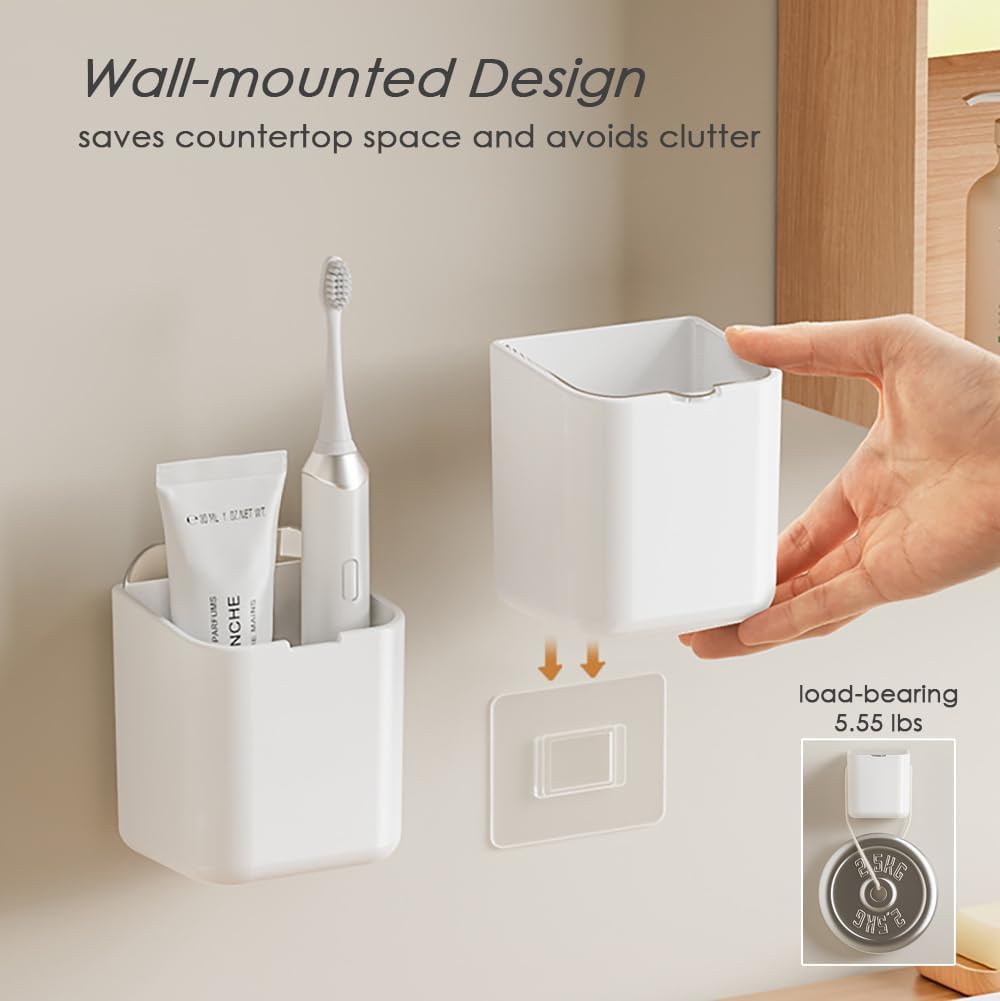 Toothbrush Holders for Bathroom - Detachable Divided Design, Drawer Drainage Tray, Adhesive Wall-Mounted/Countertop Dual-Use, Large Capacity Organizer for Bathroom/Kitchen/Office, Easy Install (Clear)