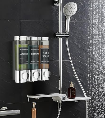 Shampoo and Conditioner Dispenser, Shower Soap Dispenser Wall Mounted, Shampoo Dispenser for Shower Wall No Drill, Bathroom Body Wash Dispenser 3 * 350ml Silver 3 Chamber