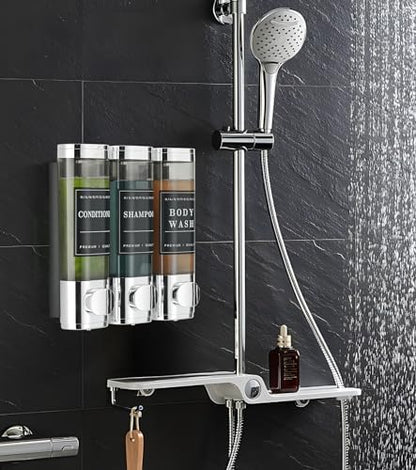 Shampoo and Conditioner Dispenser, Shower Soap Dispenser Wall Mounted, Shampoo Dispenser for Shower Wall No Drill, Bathroom Body Wash Dispenser 3 * 350ml Silver 3 Chamber