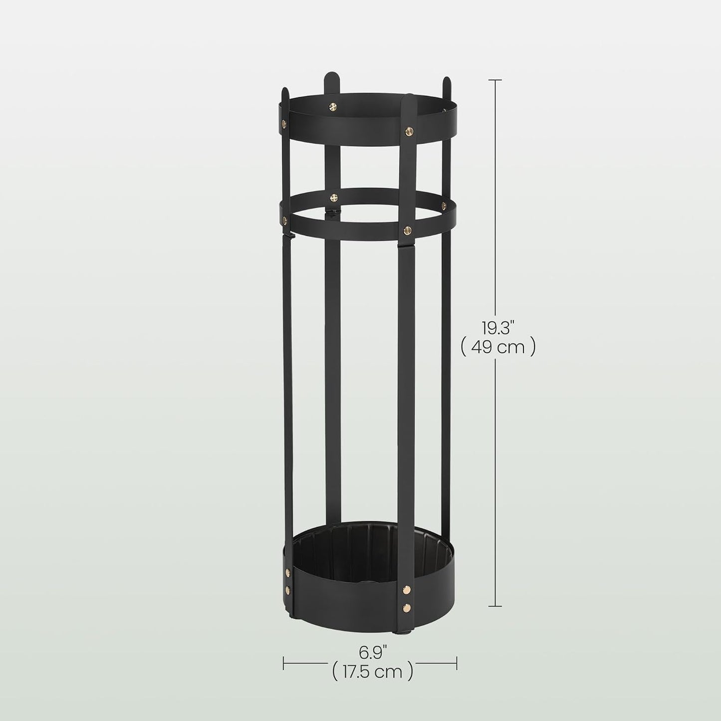 SONGMICS Umbrella Stand, Metal Umbrella Holder for Entryway, with Water Tray and 4 Hooks, 7.7 x 7.7 x 19.3 Inches, Round, Ink Black ULUC23B