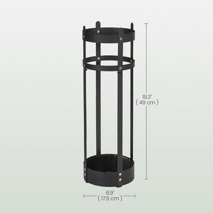 SONGMICS Umbrella Stand, Metal Umbrella Holder for Entryway, with Water Tray and 4 Hooks, 7.7 x 7.7 x 19.3 Inches, Round, Ink Black ULUC23B