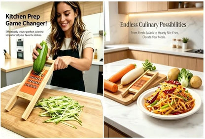 Korean Carrot Grater, Wooden Vegetable Grater with Hand Guard, 4mm Stainless Steel Shredder for Cabbage, Onion, Cheese, Heavy Duty Kitchen Tool (11.0" × 3.7")