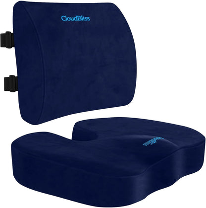 CloudBliss Lumbar Support Pillow & Seat Cushion Set for Office Chair, Desk Chair, Wheelchair & Car – Memory Foam Back Support, Ergonomic Chair Cushions, Sciatica Pain Relief, Home Essentials, Black