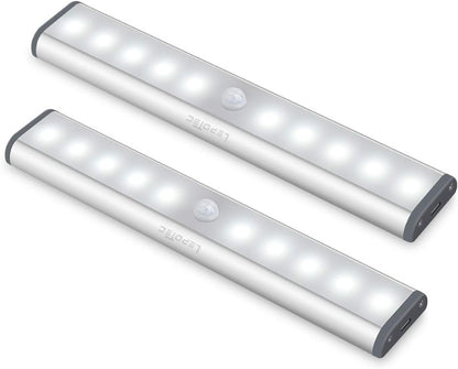 Wireless Motion Sensor Cabinet Lights 10-LED USB Rechargeable Closet Lights LED Under Cabinet Lighting for Wardrobe/Drawer/Stairs/Cupboard/Counter/Pantry/Stairs,Stick On Anywhere,2 Pack,White Light