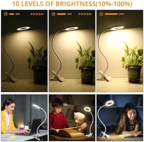 Woputne Desk Lamp Clip on Light for Bed Book Reading (Black) | 10 Dimmable Brightness 3 Light Modes Desk Lights for Home Office Clamp Bedside Lamp for Painting, Craft, Study