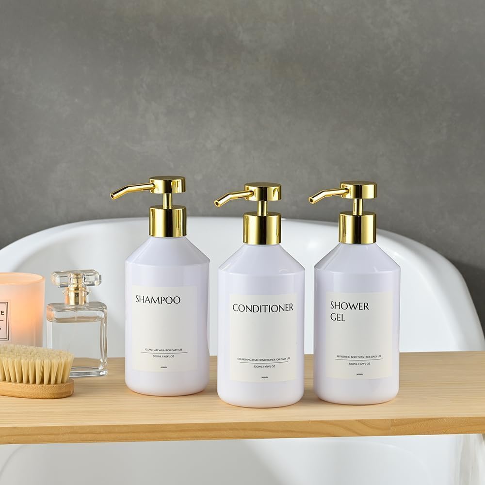 Shampoo and Conditioner Dispenser Set of 3 for Wall Mount | 16.9 fl oz Drill Free Shower Soap Bottles,Refillable Body Wash Dispensers for Bathroom Decor (Amber Bottles + Bamboo Pumps)