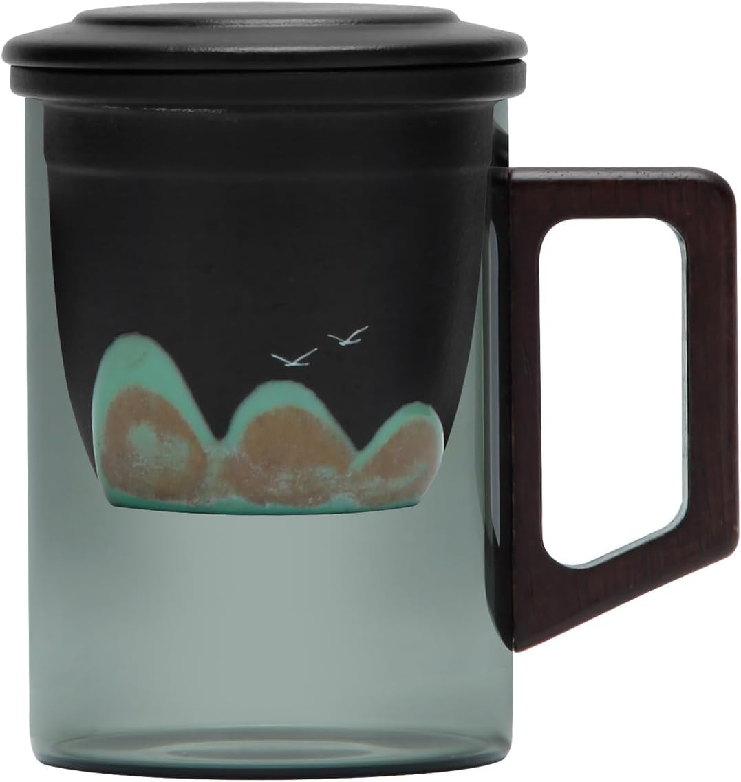 Tea Mug with Infuser and Lid for Loose Leaf Tea, Premium Glass Cup with Ergonomic Wooden Handle, Embossed Oriental Mountain Ceramic Strainer, Unique Gift for Tea Lovers Men Women Black