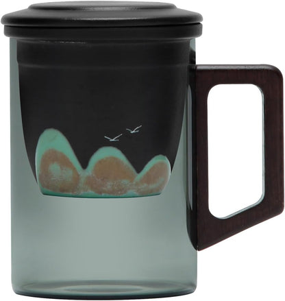 Tea Mug with Infuser and Lid for Loose Leaf Tea, Premium Glass Cup with Ergonomic Wooden Handle, Embossed Oriental Mountain Ceramic Strainer, Unique Gift for Tea Lovers Men Women Black