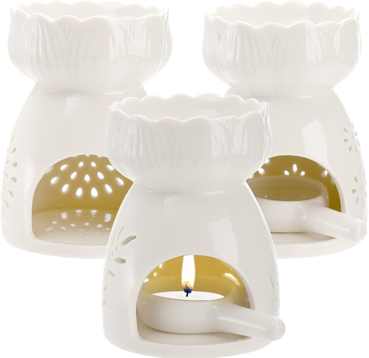 Lyellfe 3 Pack Ceramic Tealight Candle Holder with Spoon | White Carved Essential Oil Burner, Wax Warmer Aroma Diffuser for Birthday Valentines Mothers Day Gift Home Decor