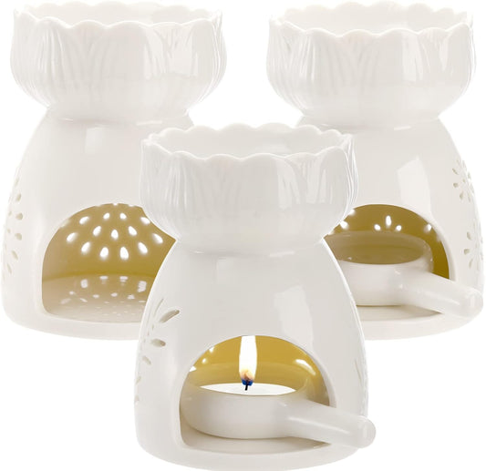 Lyellfe 3 Pack Ceramic Tealight Candle Holder with Spoon | White Carved Essential Oil Burner, Wax Warmer Aroma Diffuser for Birthday Valentines Mothers Day Gift Home Decor