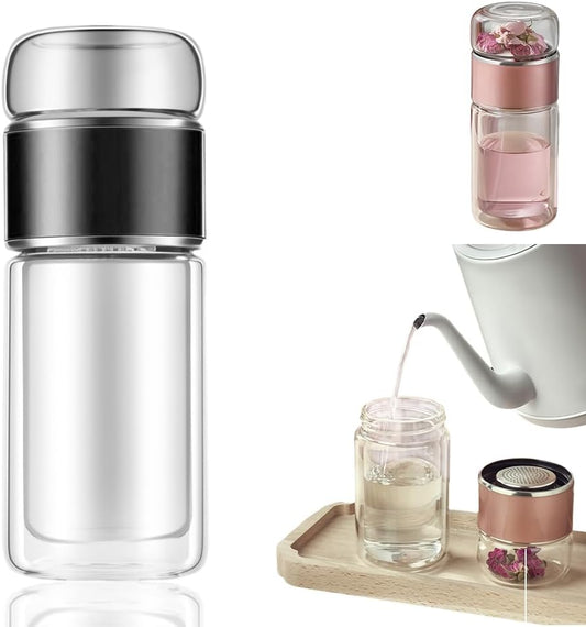 Runsgo Double Wall Glass Tea Infuser Bottle Tumbler,Leakproof Travel Mug With Stainless Steel Filter For Loose Leaf Tea & Fruit Water, Hot Or Cold Ready, Suit For Office Home (Purple-red, 350ml)