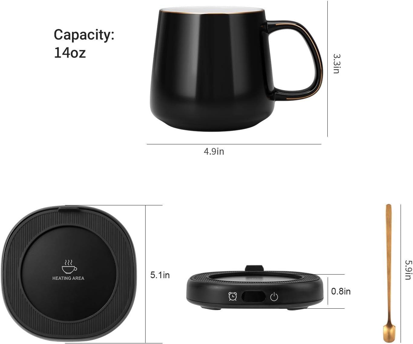 Coffee Mug Warmer & Pure Black Mug Set, Electric Cup Warmer for Desk | Beverage Warmer Plate for Coffee,Tea,4 Temperature Setting,8-Hours Auto Shut Off,14oz Mug with Spoon & Bamboo Lid Included