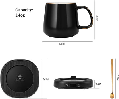 Coffee Mug Warmer & Pure Black Mug Set, Electric Cup Warmer for Desk | Beverage Warmer Plate for Coffee,Tea,4 Temperature Setting,8-Hours Auto Shut Off,14oz Mug with Spoon & Bamboo Lid Included