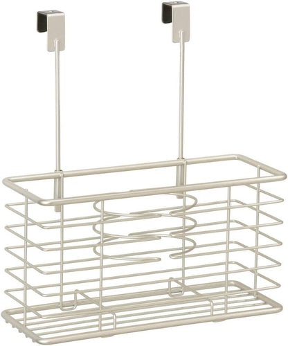mDesign Steel Over Cabinet/Door Hair Dryer Holder Storage, Hair Styling Tool Organizer Basket for Bathroom - Blow Dryer, Flat Iron, Curling Wand, Straightener, Linelle Collection - Satin