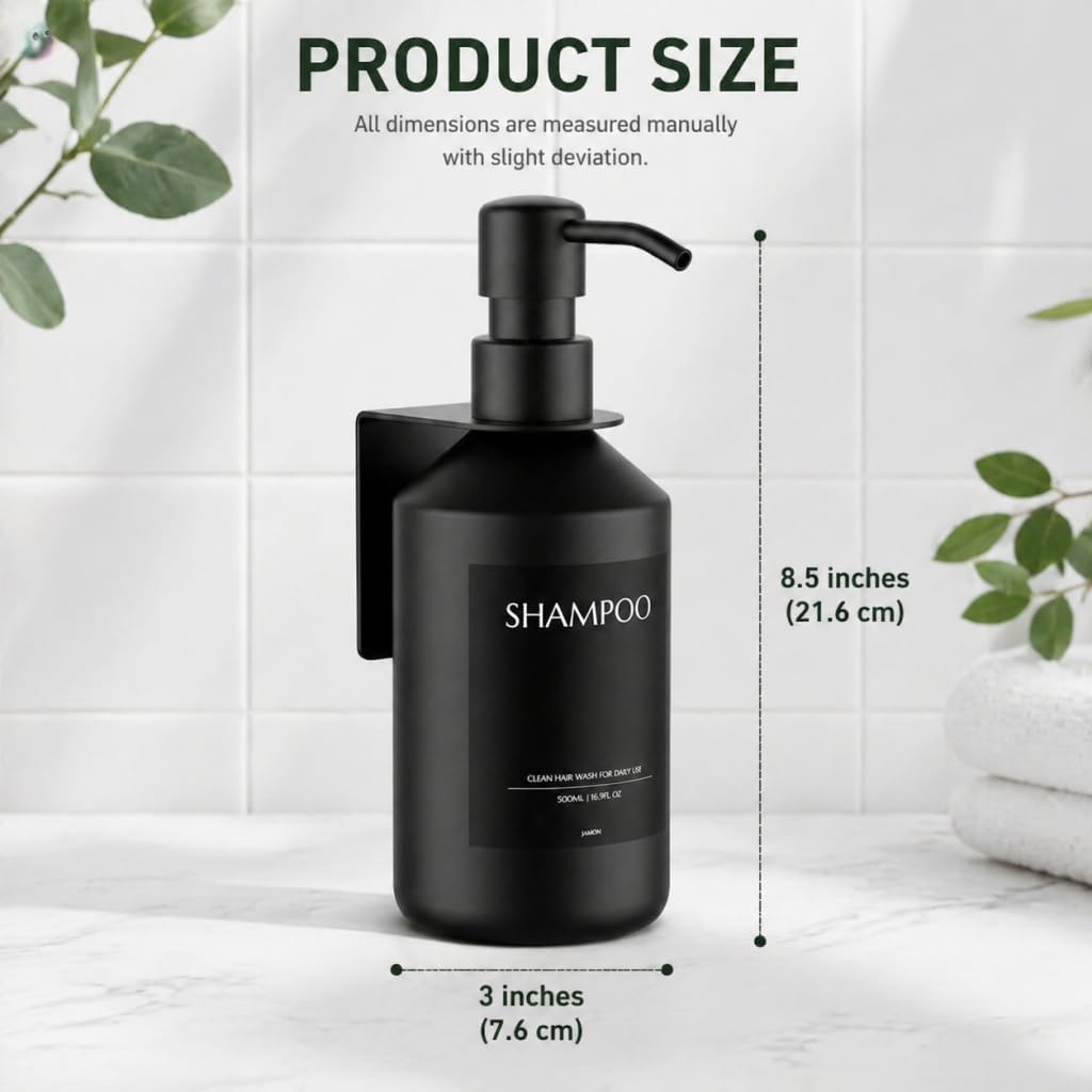 Shampoo and Conditioner Dispenser Set of 3 for Wall Mount | 16.9 fl oz Drill Free Shower Soap Bottles,Refillable Body Wash Dispensers for Bathroom Decor (Amber Bottles + Bamboo Pumps)