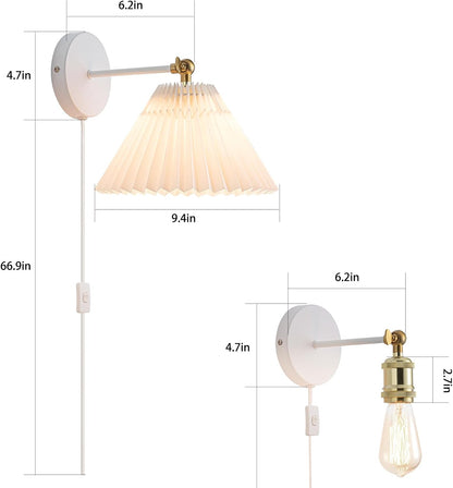 Wall Sconces Plug in, Swing Arm Wall Lamp with Power Cord, White Plug in Wall Lighting Fixtures Set of Two, Bedside Wall Mounted Reading Lamp with Switch, for Bedside Bedroom Hallway