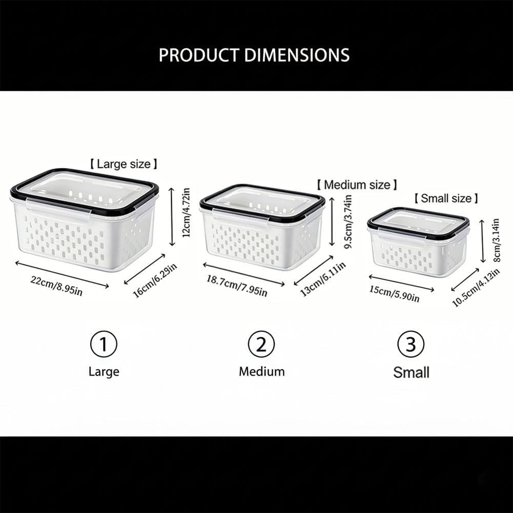 Fruit Storage Containers for Fridge with Removable Colanders, Household Transparent Plastic Food Storage Box-Including Drain Basket, 4 in 1 Food Storage Container, Vegetable Storage (Gray, S+M+L)