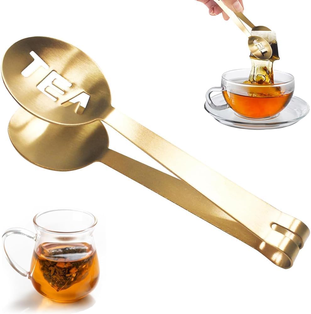 Gold Tea Bag Squeezer Tongs,Tea Tongs,Tea Bag Squeezer,Stainless Steel Tea,Round Tea Filter Clamp,Tea Bag Strainer Clip Holder for Gripping Tea Strainer Spoon for Ice Sugar Cubes Bar