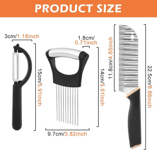 Crinkle Cutter with Onion Holder for Slicing and P-type Peeler, Stainless Steel Wavy Slicer with Handle, Crinkle Cutter for Veggies, Potatoes(Set of 3)
