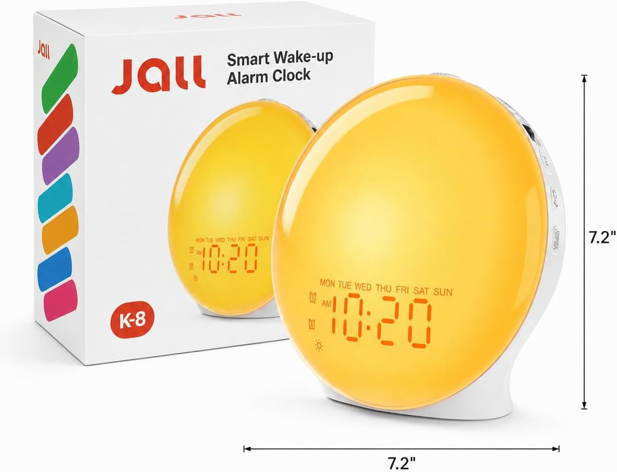 JALL Full-Screen Wake Up Light Sunrise Alarm Clocks for Bedrooms, White Noise Machine for Heavy Sleepers, 25 Natural Sounds, Dual Alarms, FM Radio, 17 Dimmable Colors, Bluetooth Speaker