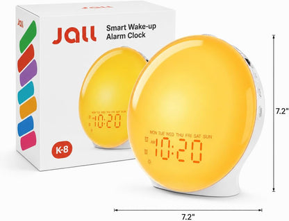 JALL Full-Screen Wake Up Light Sunrise Alarm Clocks for Bedrooms, White Noise Machine for Heavy Sleepers, 25 Natural Sounds, Dual Alarms, FM Radio, 17 Dimmable Colors, Bluetooth Speaker