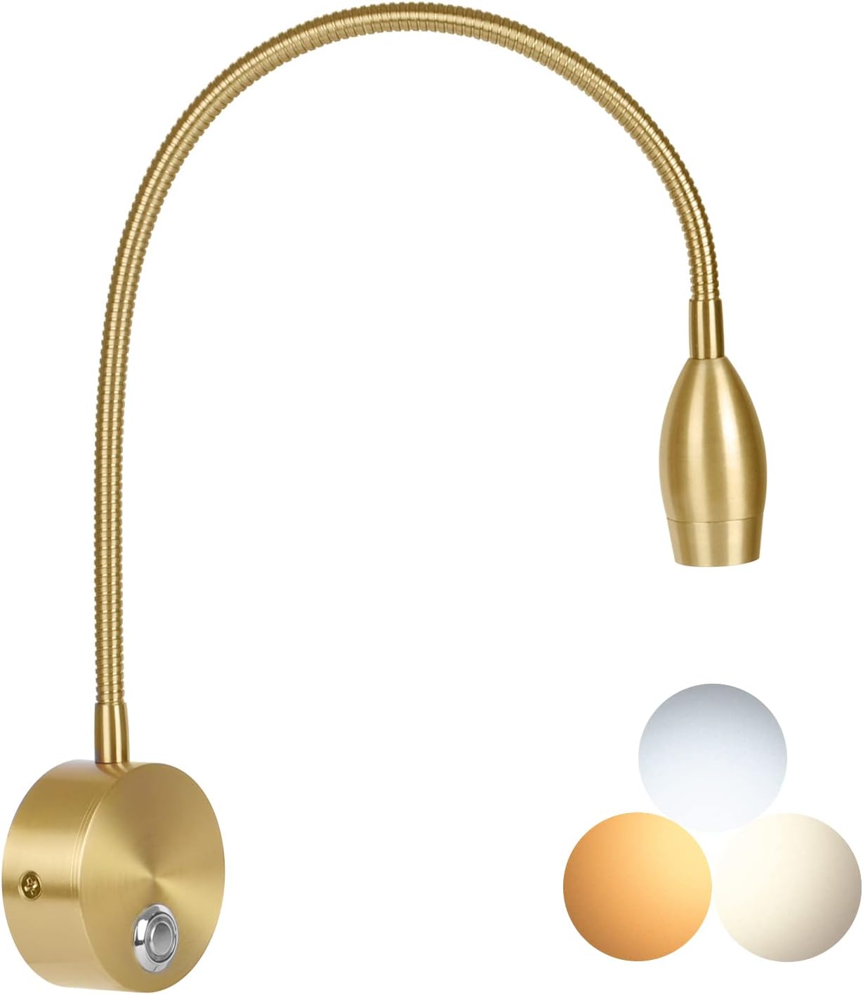 Adust Bedside Reading Light, Bedroom Reading Lamp, 3W LED Touch Dimmable Brightness Minimalist Wall Headboard Reading Lamp, Adjustable Colour Temperature, 3000k, 4000k, 6000k (Gold (2-Pack))