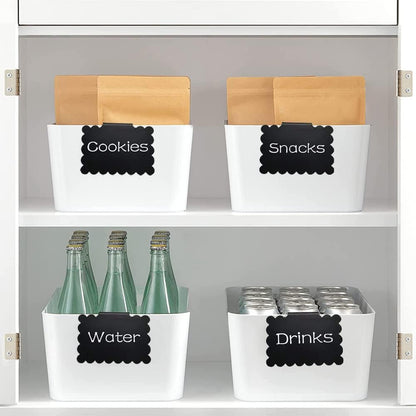20 Basket Labels Clip On, Reusable Labels for Storage Bins, Removable Chalk Labels for Containers, Kitchen Closet Baskets and Storage Basket Holders with 2 White Chalk Markers