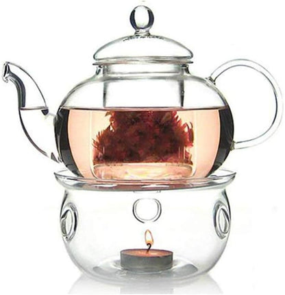 Glass Filtering Tea Maker Teapot with a Warmer and 6 Double-walled Tea Cups Set (Heating base, Standard)