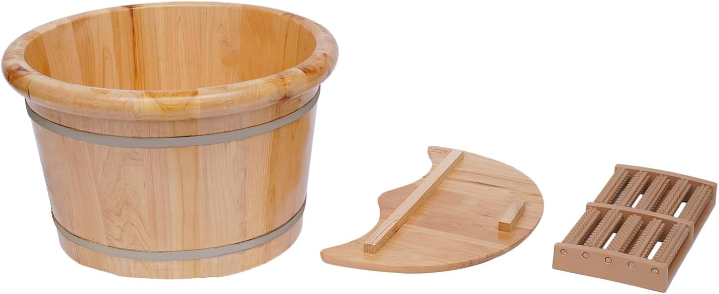 Cedar Wood Foot Spa Bath Bucket with Shiatsu Massage Roller & Lid - 30 Min Heat Retention, Natural Wooden Soaking Tub for Relaxation, Great for Parents