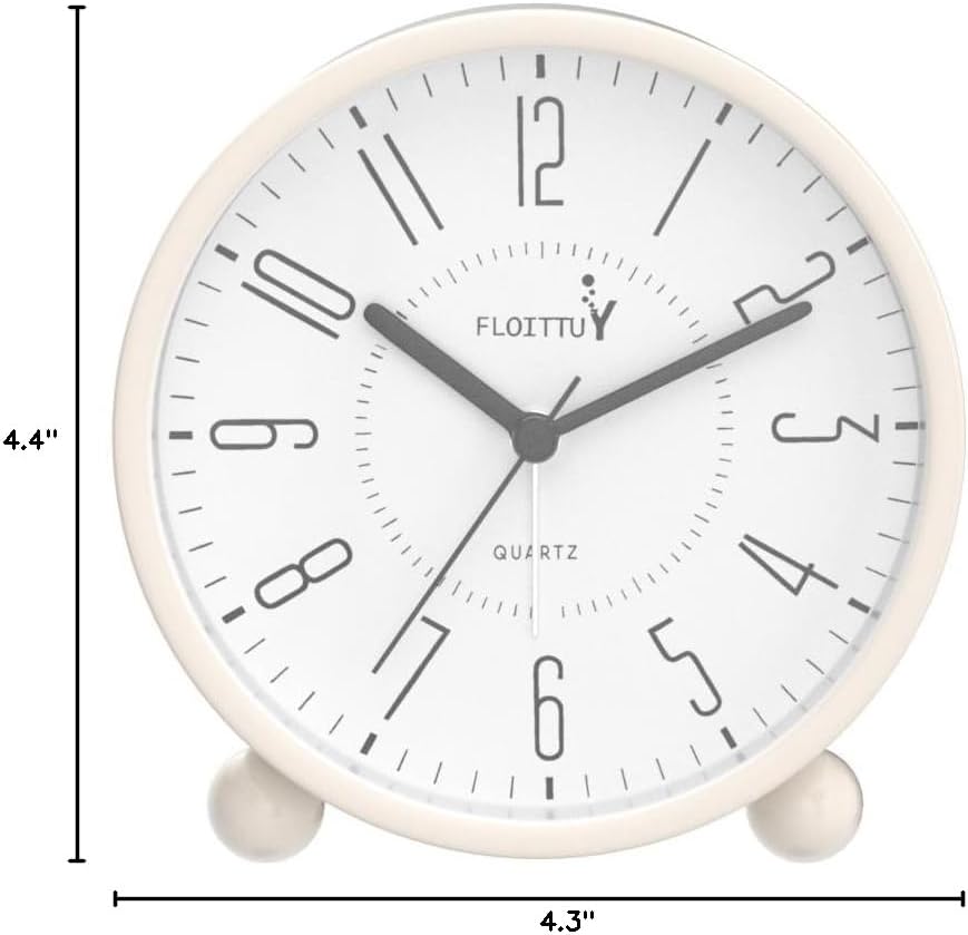 FLOITTUY Super Silent Metal Alarm Clock,Beep Wake Round Alarm Clock with Night Light,Battery Operated,Easy Set,Simple & Retro for Desk, Bedroom and Home Decoration(Creamy White)