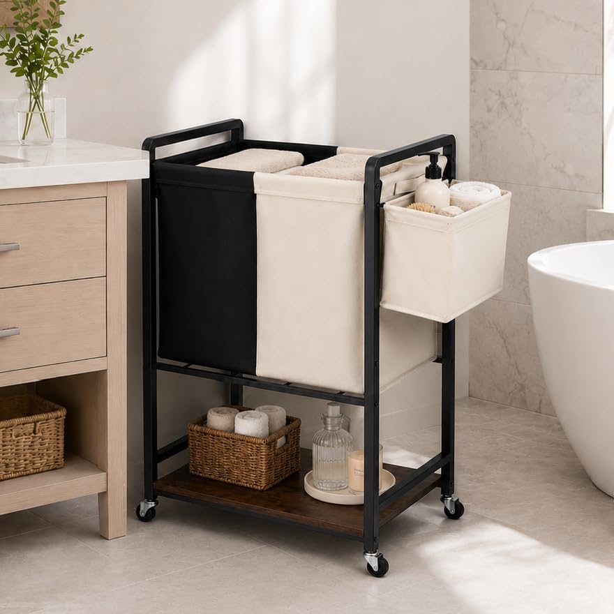 Rolling Laundry Sorter Cart with 2 Removable Bags, Double Laundry Hamper with Wheels, Side Storage Basket and Bottom Shelf, Black and Beige