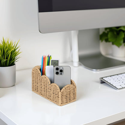 CubesLand Bedside Table Desk Organizer Caddy, Remote Pen&Pencil Holder Cup | Makeup Brush Holder w/Scalloped Perfect for Home, Office Desk, Living Room Table Decor, 3 Slots Neutral